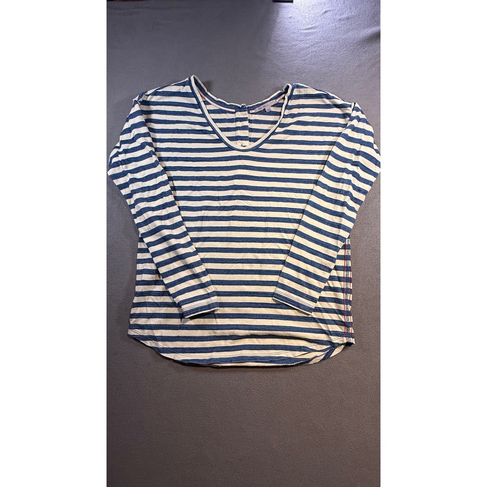Gap Womens Small Blue Cream Striped Long Sleeve Scoop Neck Back Button Top